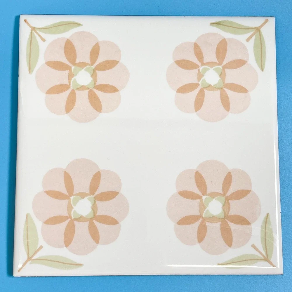 Vintage Floral Ceramic Tile Trivet Peach Green Retro 6x6 Boho 70s Mod Retro